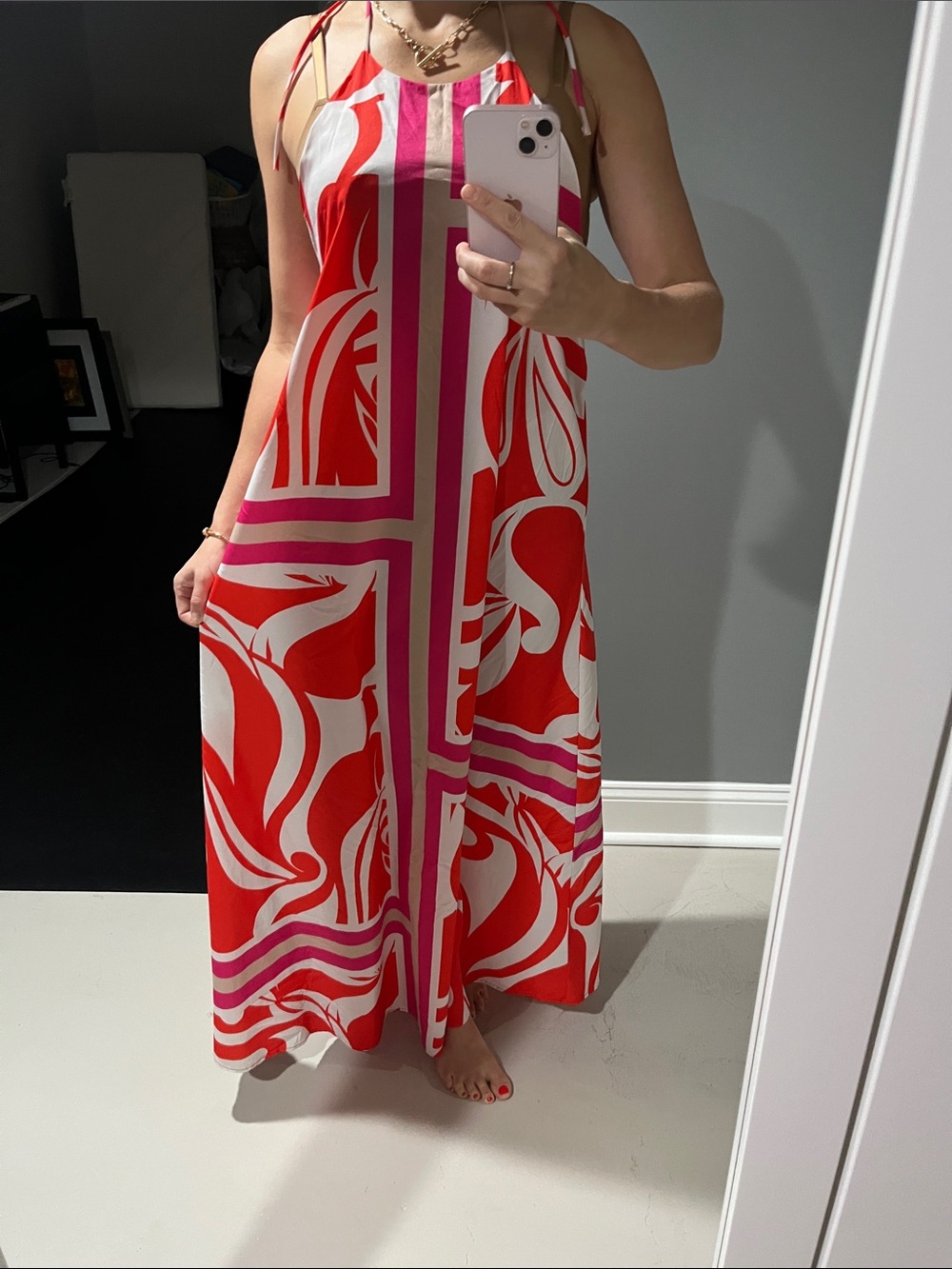 Tyche Bold Red & Pink Maxi Slip Dress with open back